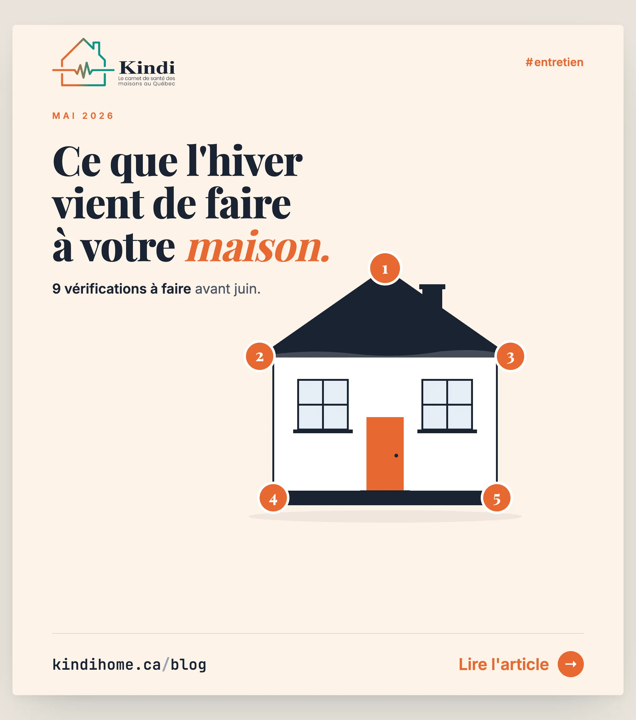 Carte Kindi sur l'entretien post-hiver : 9 vérifications à faire en mai pour une maison québécoise.
